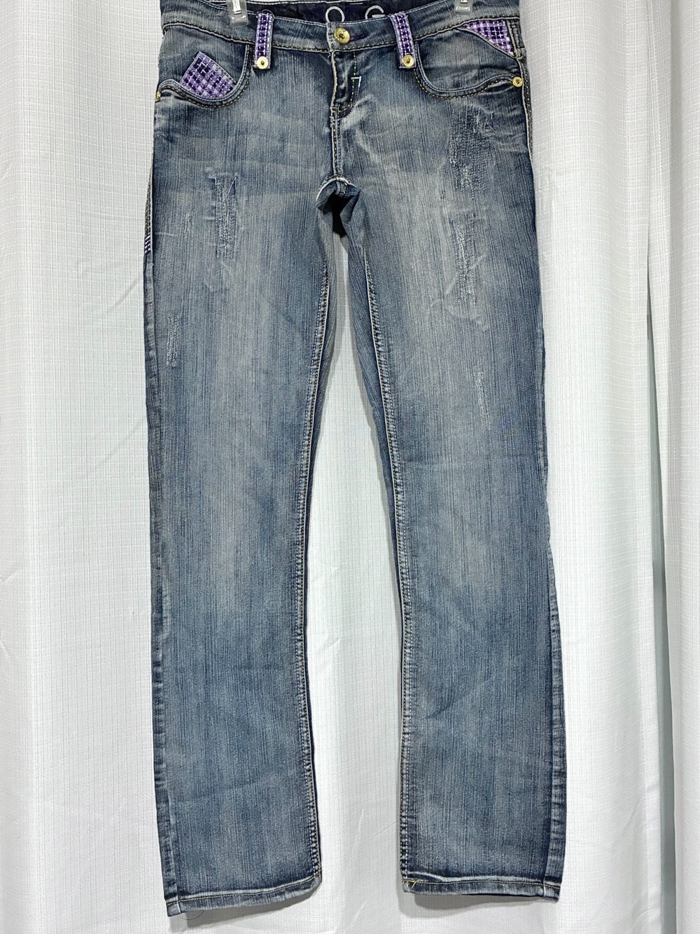 Coogi Jeans Sz 5/6 Fancy Butt Distressed Millennial Straight Leg Plaid Purple
